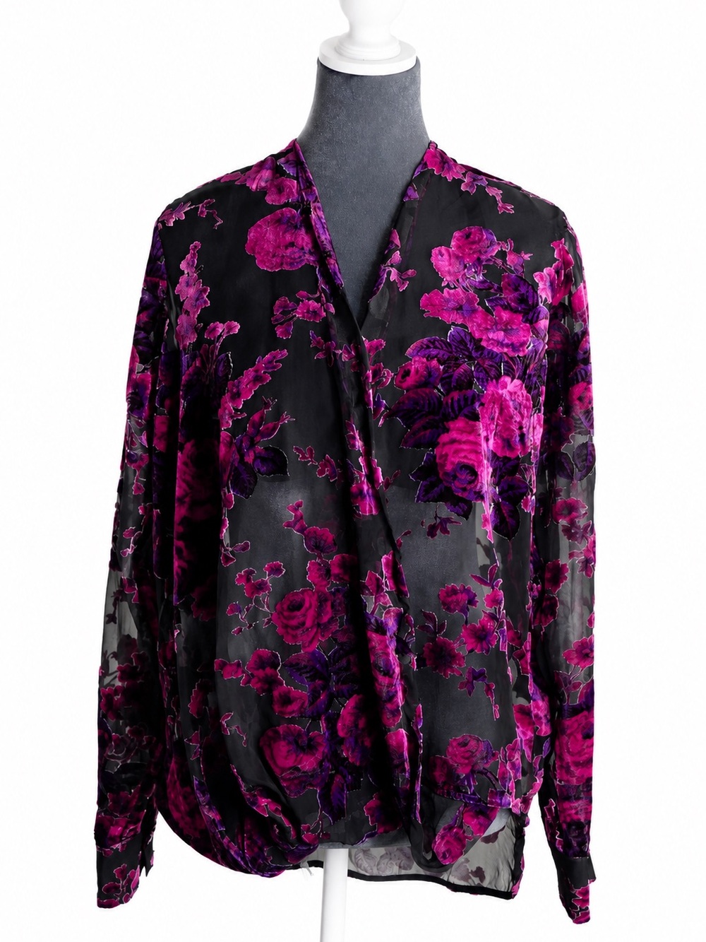 Likely Women’s Floral Surplice Blouse Black Pink Purple Long Sleeve Size S